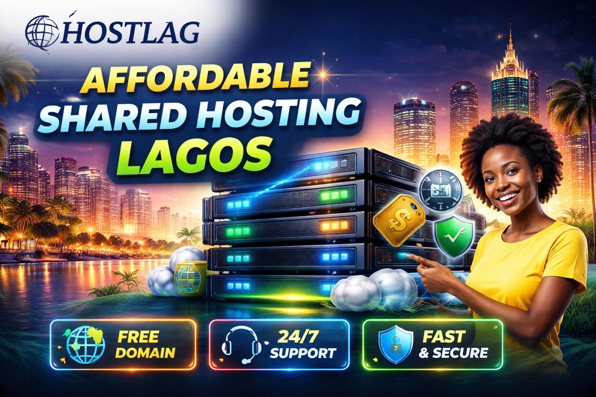 "Affordable shared hosting in Lagos by Hostlag — fast, secure, and reliable hosting with free domain, 24/7 support, and local servers for Nigerian businesses, shown with a smiling woman pointing at a server stack against a city skyline."